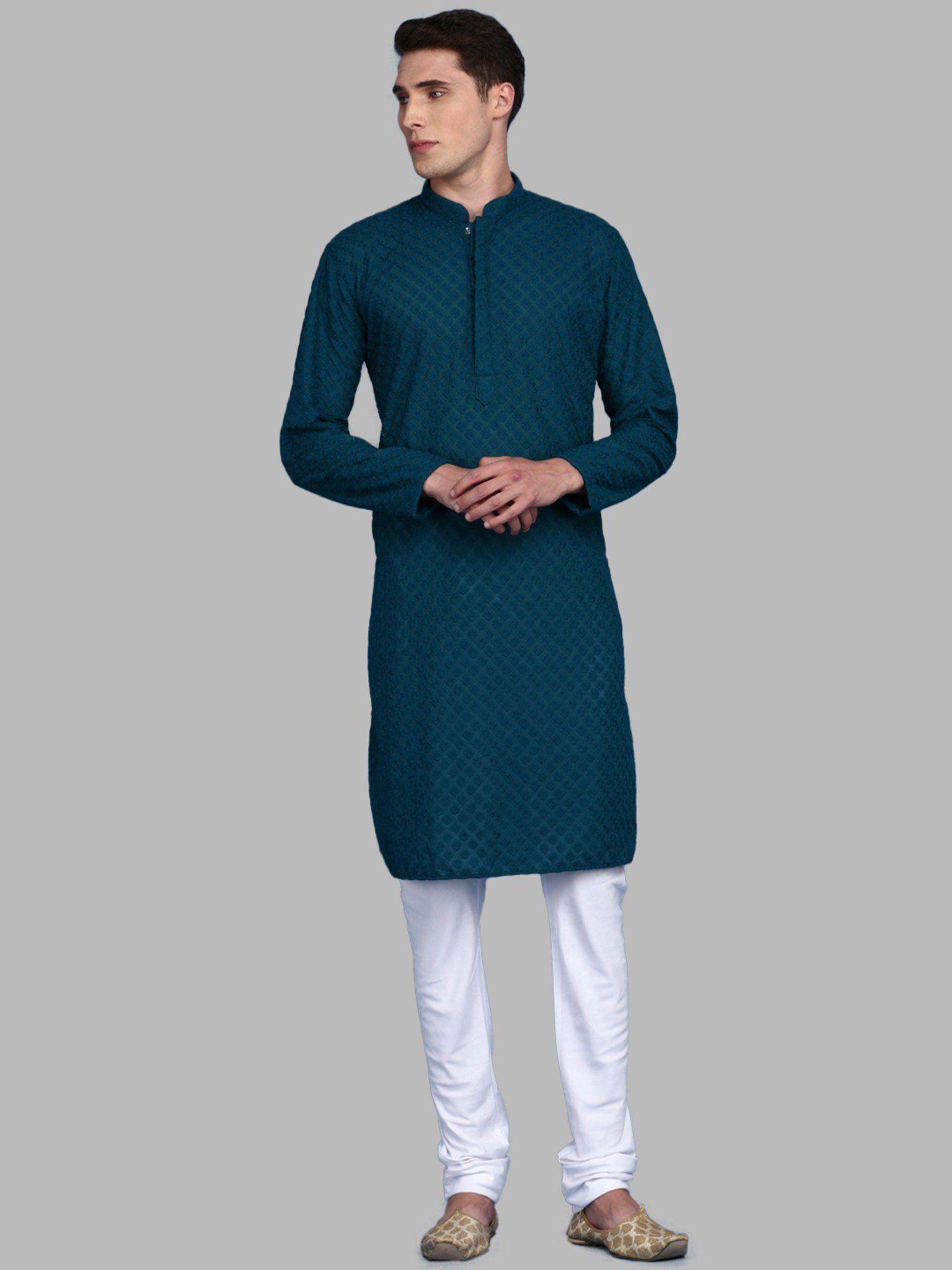 elevate your with firozi chikankari cotton mens kurta with churidar pyjama (set of 2)