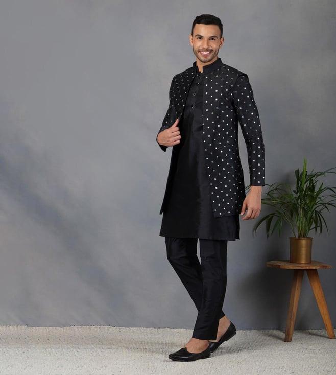 eleven brothers black uns foil mirror & silk nehru jacket with kurta and pant