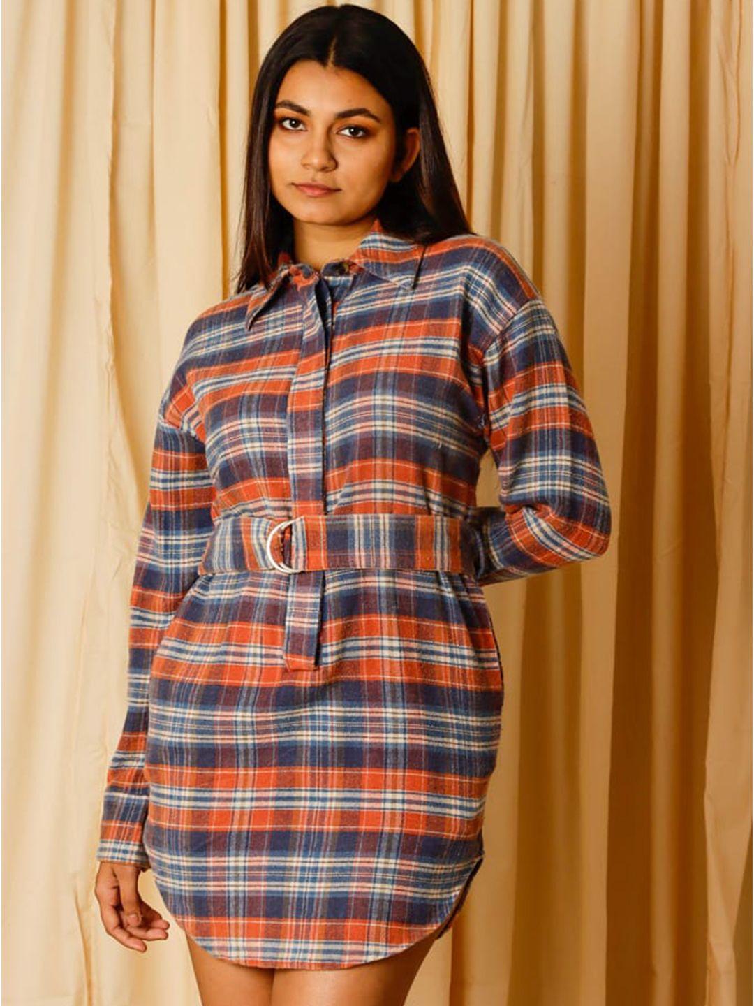 eleven o one grey & coral checked belted shirt dress