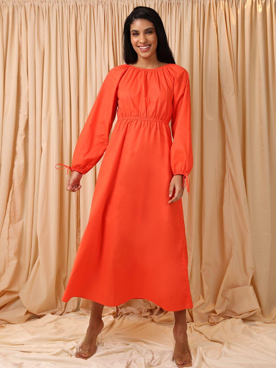 eleven o one orange tie-up detailed puff sleeves a-line maxi dress