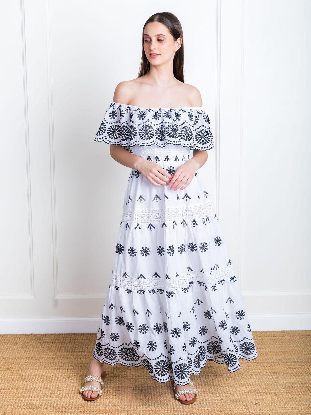 eleven.o.one floral embroidered off-shoulder cotton maxi dress