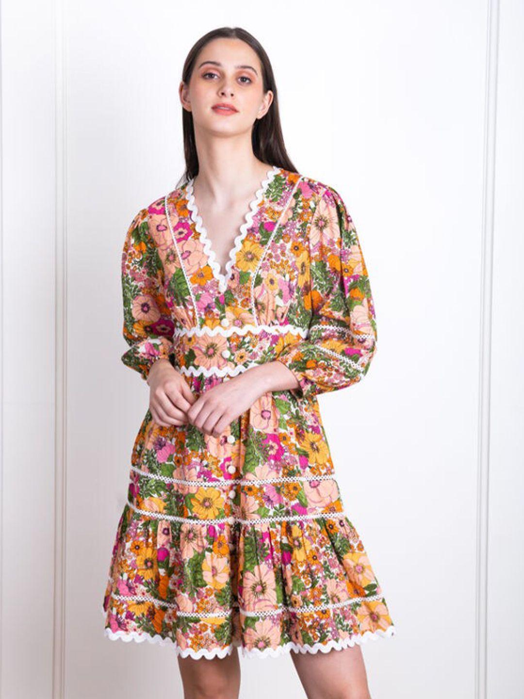 eleven.o.one floral printed puff sleeves cotton fit & flare dress
