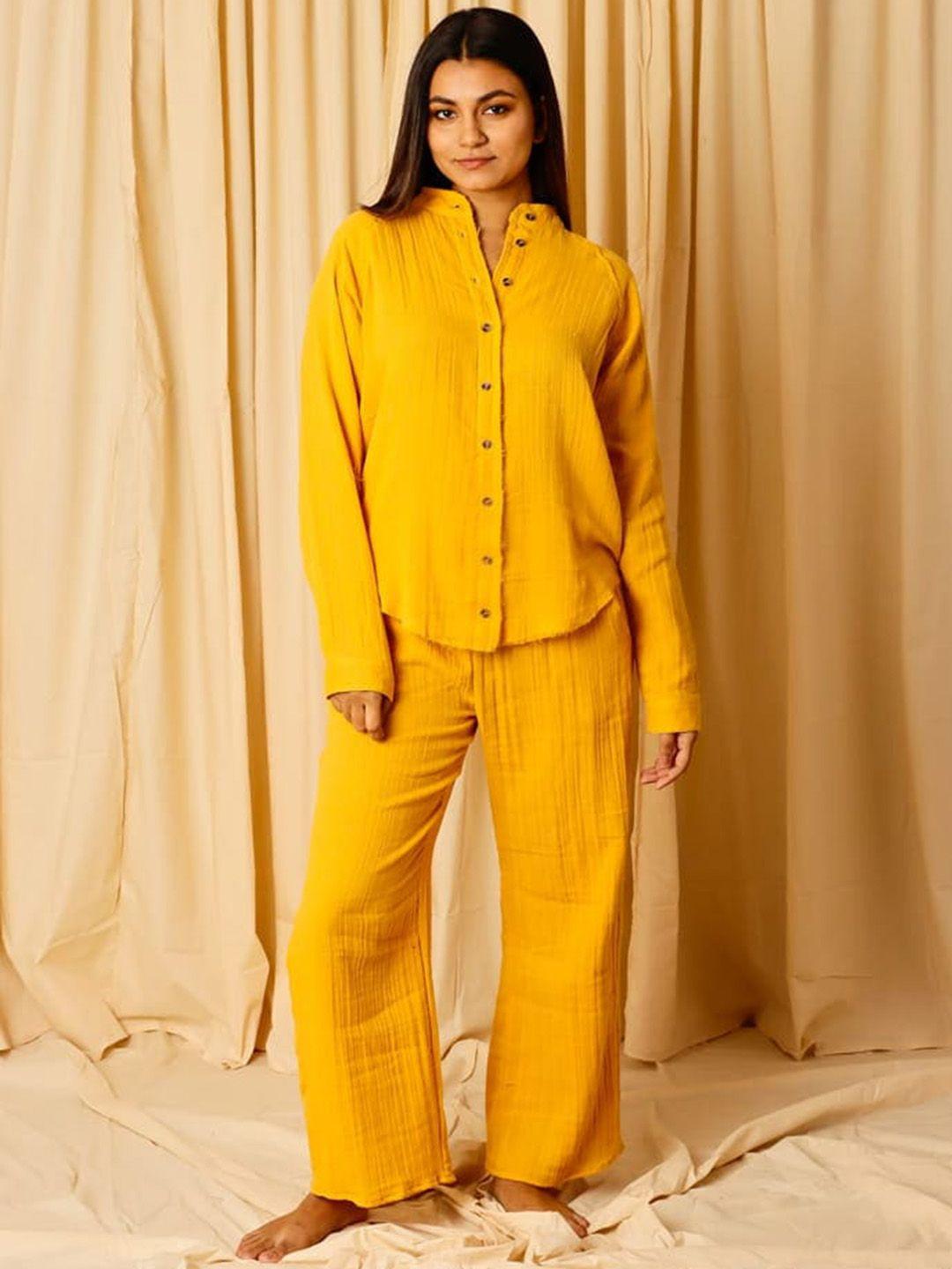 eleven.o.one women mustard yellow solid pure cotton co-ords