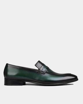 elian green leather penny loafers