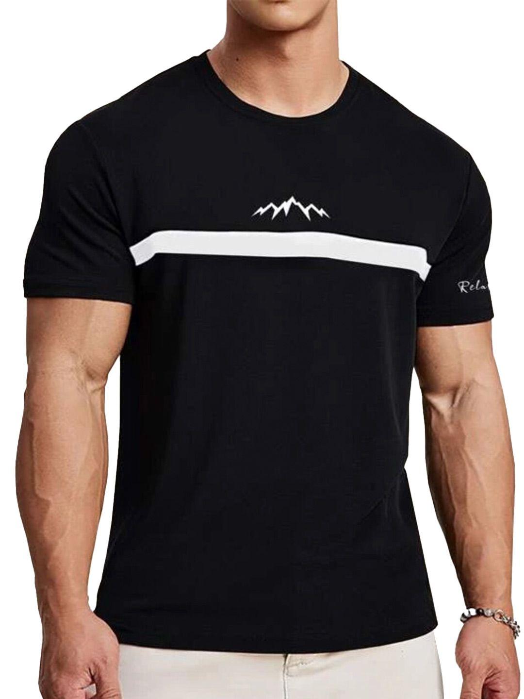 elibolz men black colourblocked drop-shoulder sleeves applique t-shirt