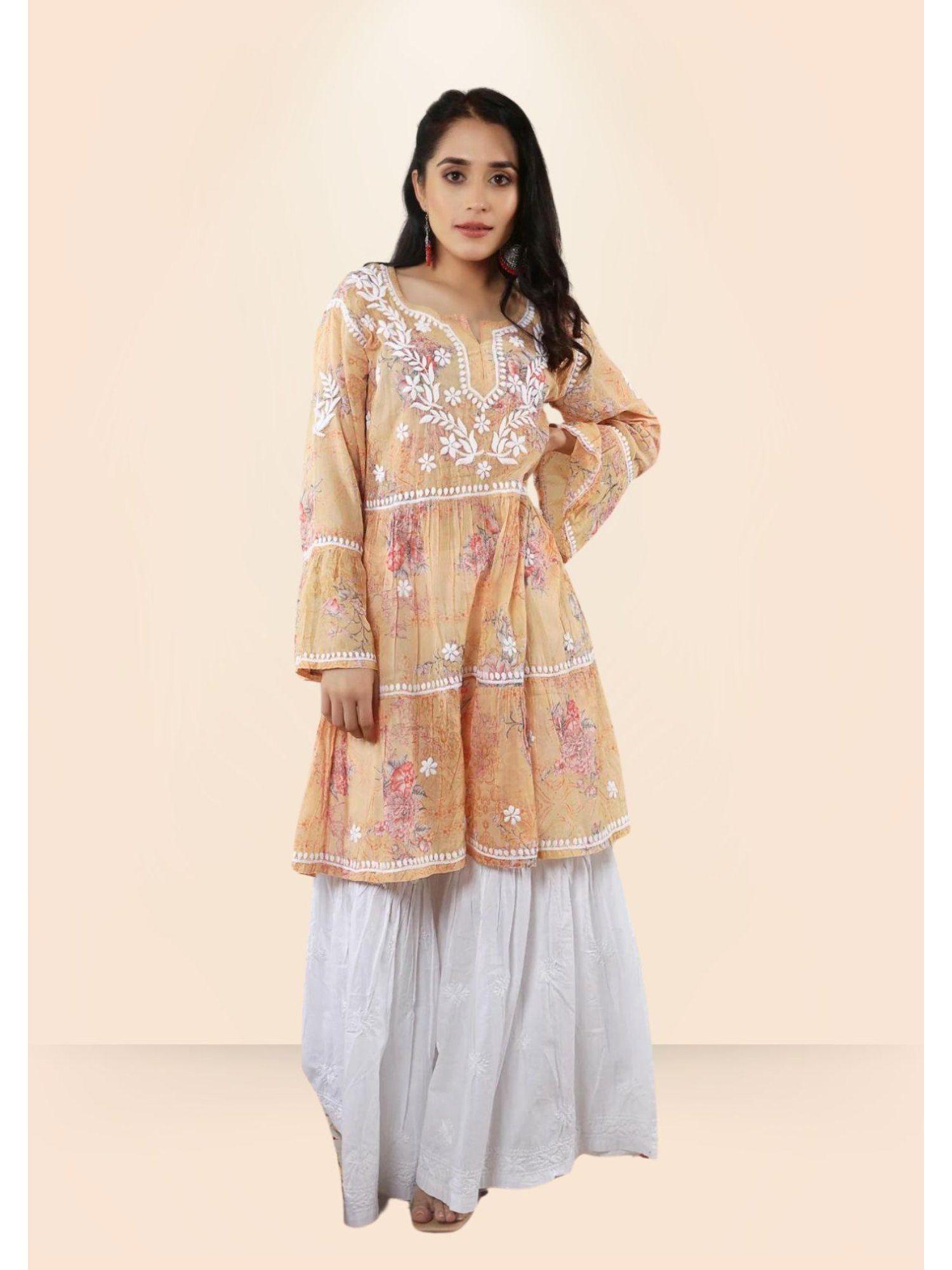 eliza chikankari orange mulmul anarkali short kurta