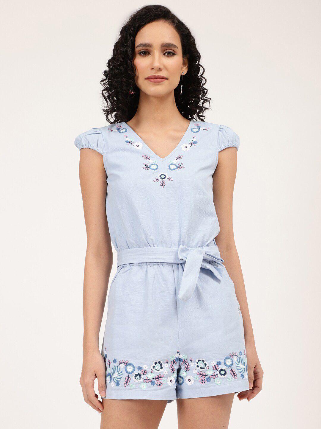 elle blue & white floral embroidered jumpsuit