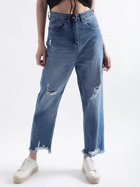 elle blue cotton distressed relaxed fit mid rise jeans