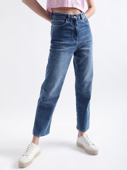 elle blue cotton straight fit mid rise jeans