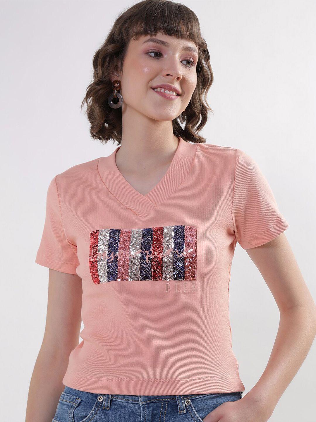 elle embellished v-neck half sleeve cotton crop t-shirt