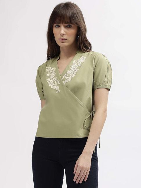 elle green cotton embroidered top
