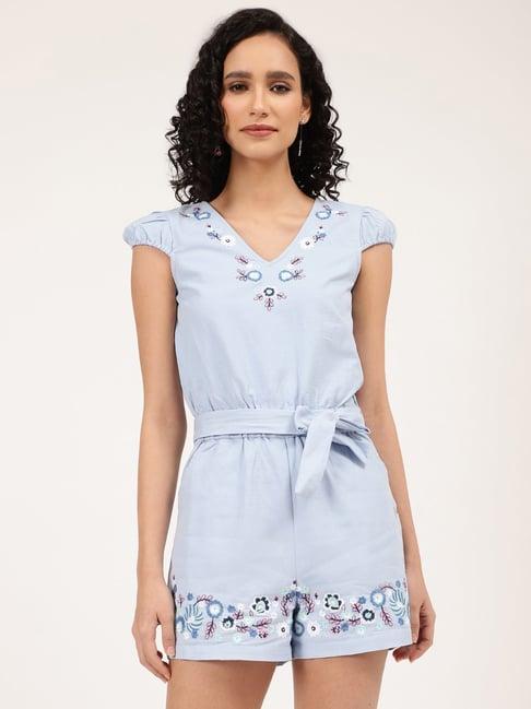elle light blue cotton embroidered playsuit