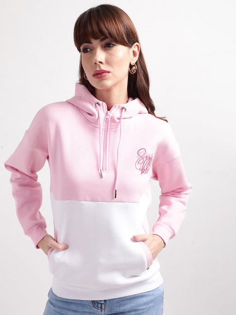 elle pink & white cotton regular fit hoodie