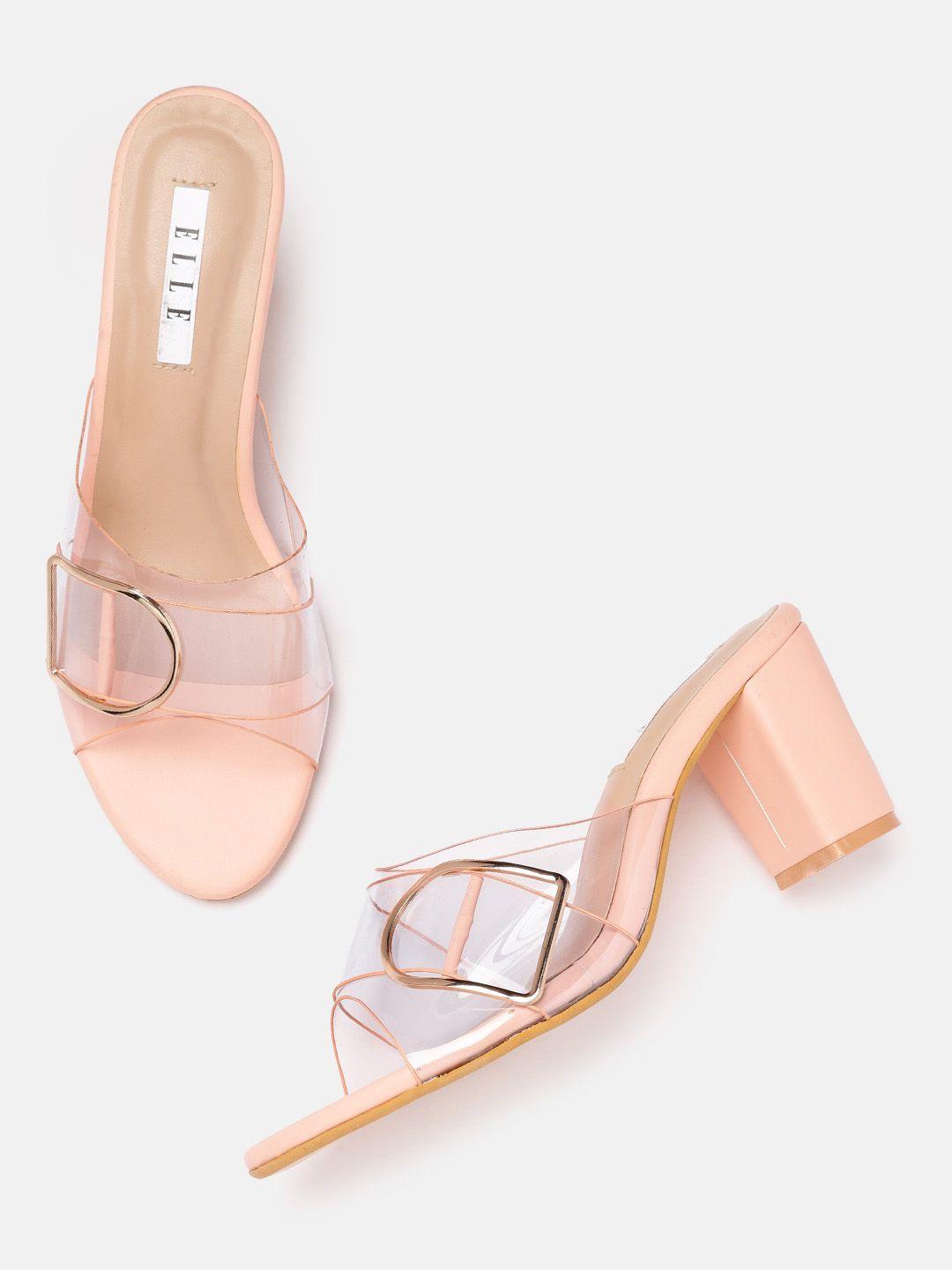 elle transparent & peach-coloured block heels with buckles