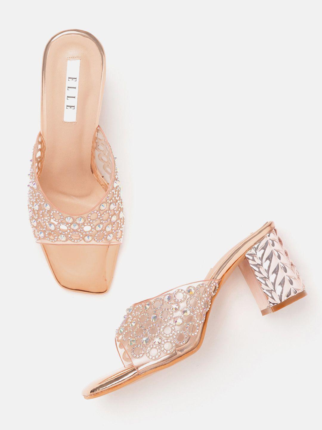 elle transparent & rose gold embellished ethnic block heel sandals