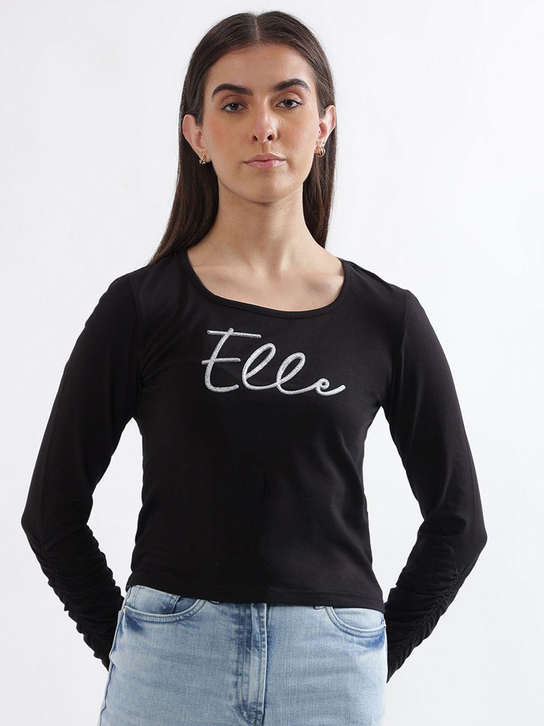 elle typography printed round neck fitted pure cotton top
