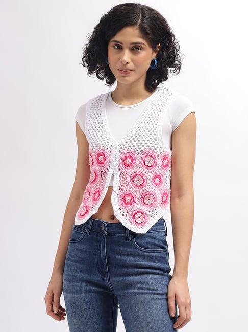 elle white & pink cotton embroidered top