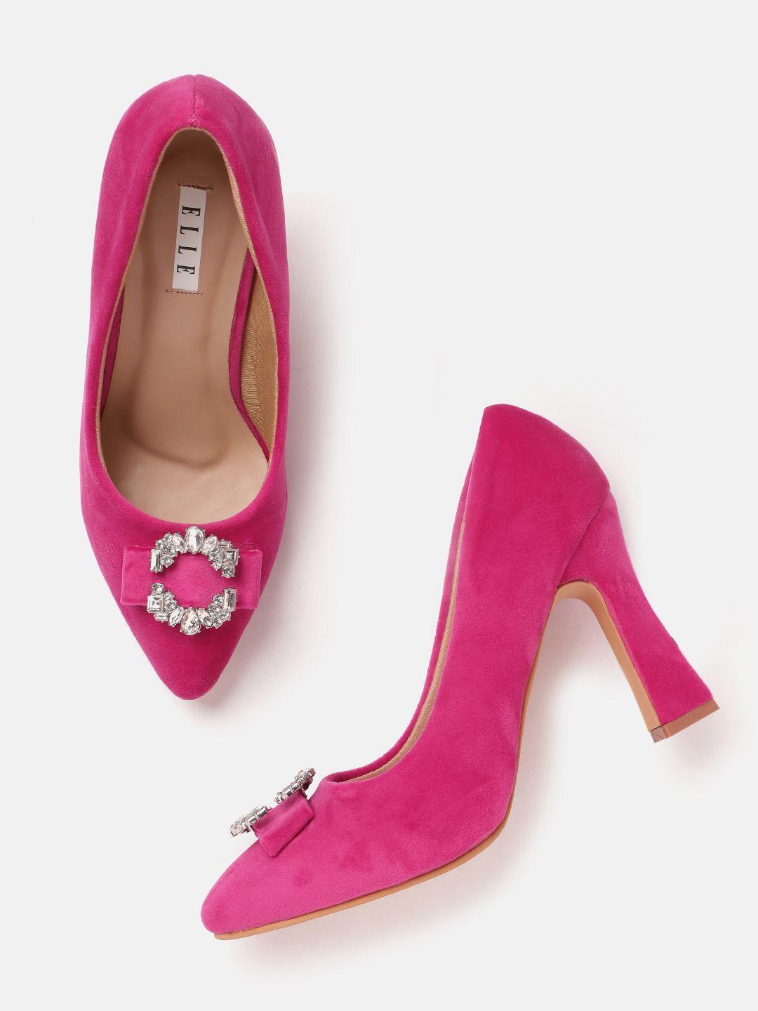 elle women embellished detail velvet finish party block heel pumps
