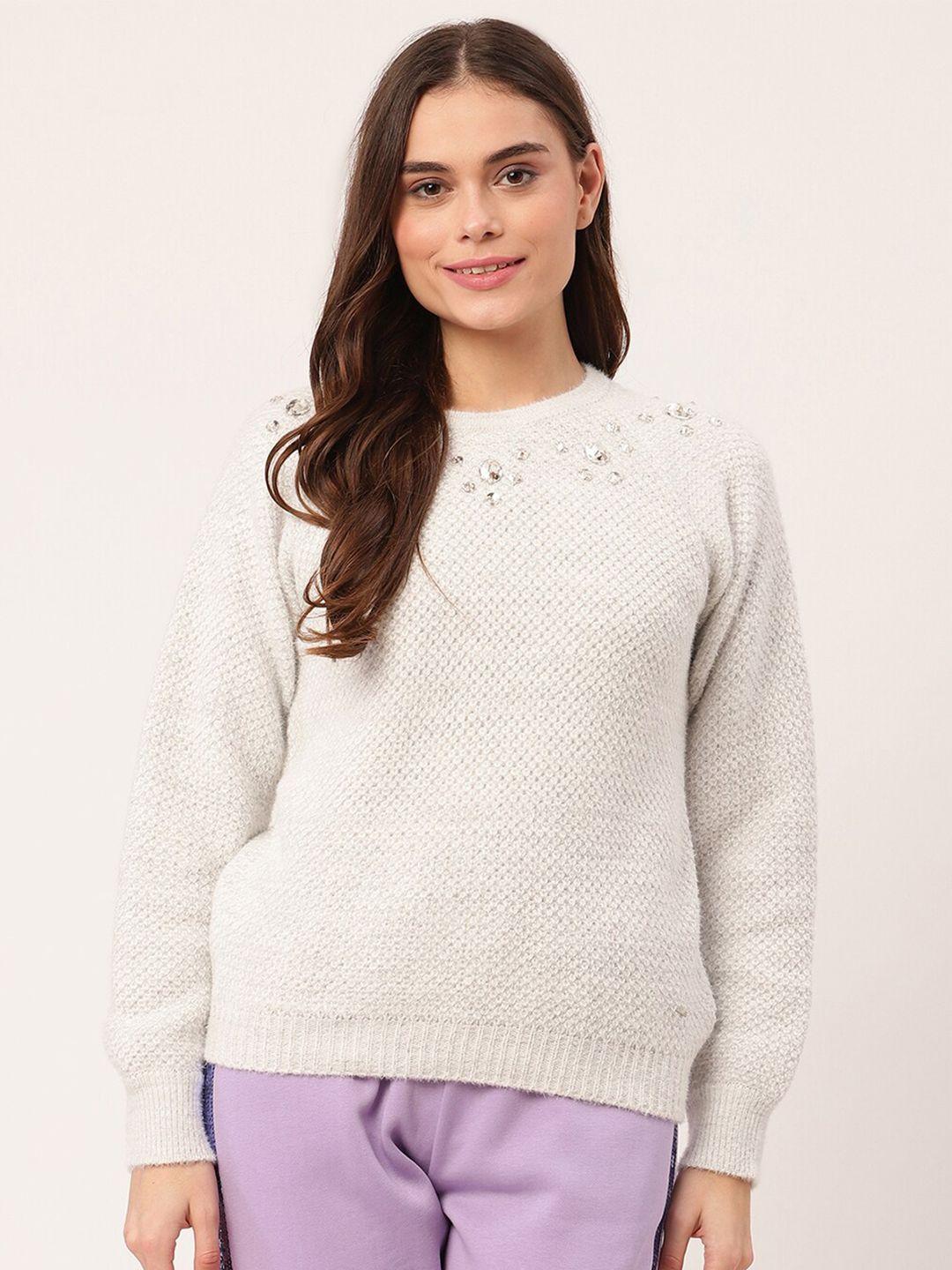 elle women grey embroidered pure cotton pullover