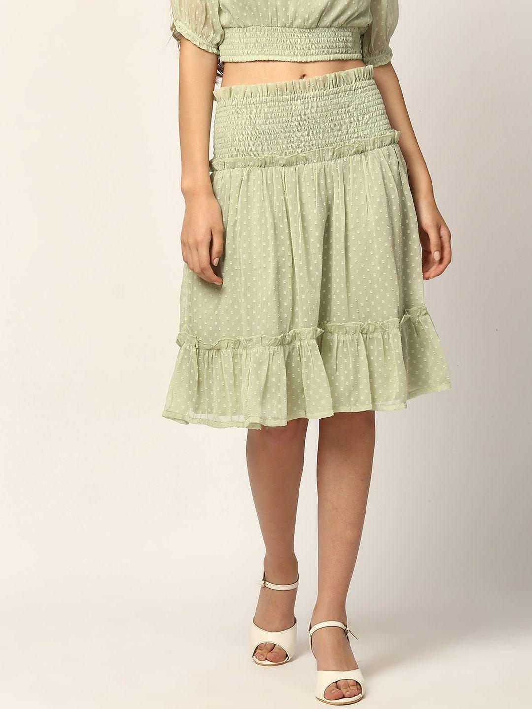 elle women lime green & white printed tiered knee-length skirt