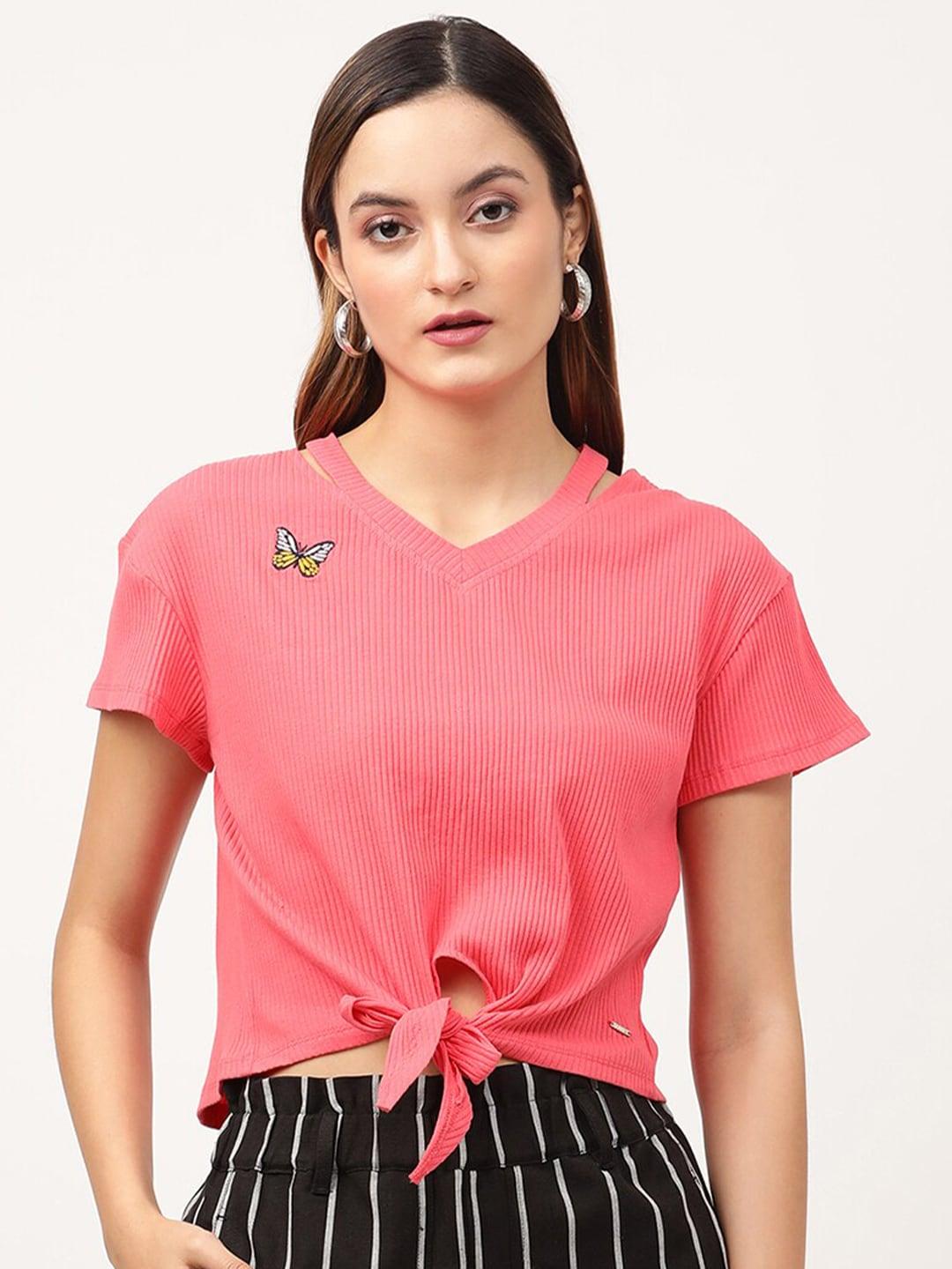 elle women pink striped v-neck slim fit t-shirt