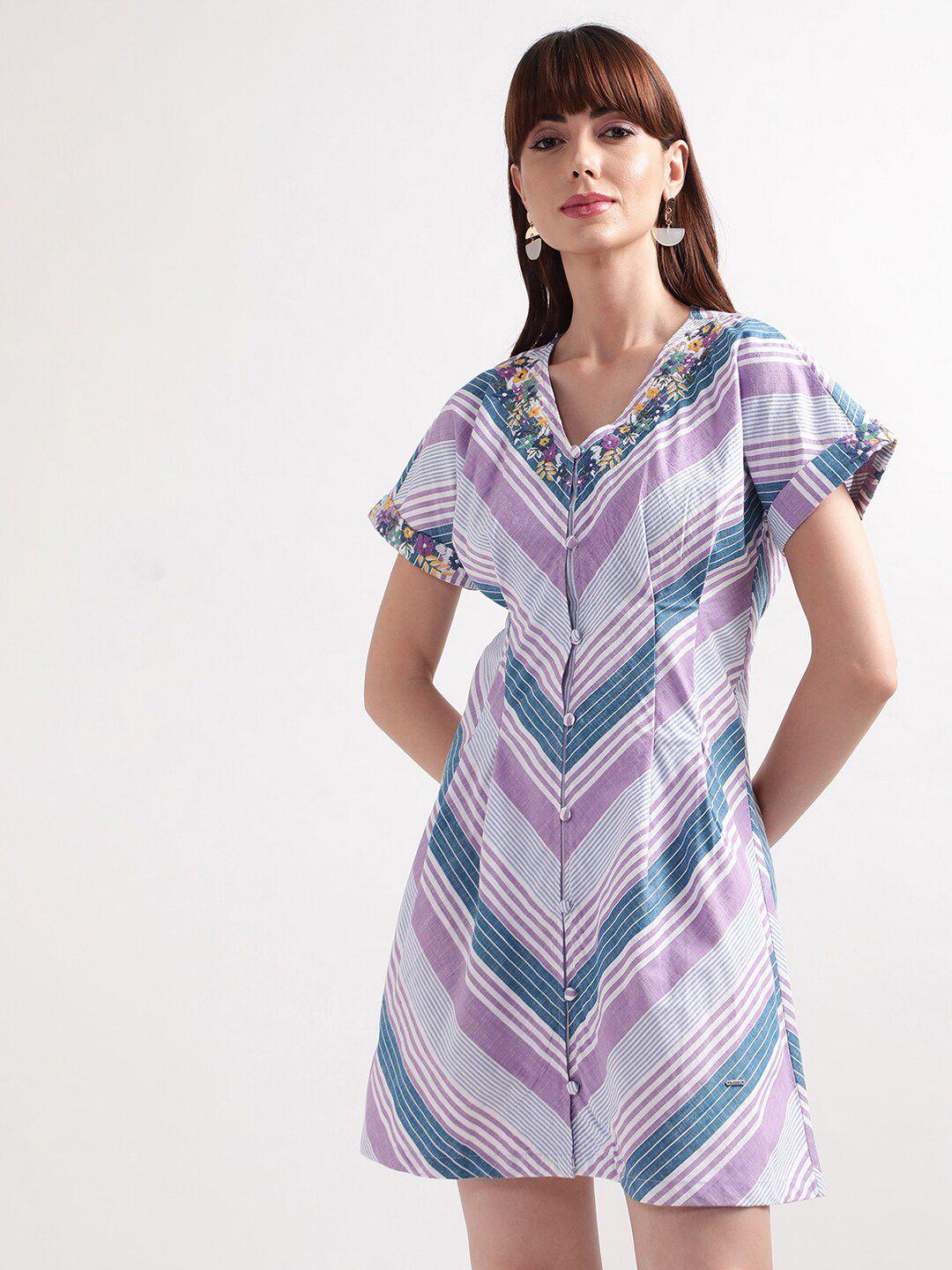elle women purple & blue striped cotton v-neck a-line dress
