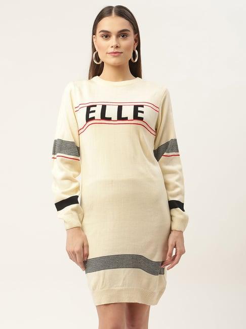 elle beige self design midi a-line sweater dress