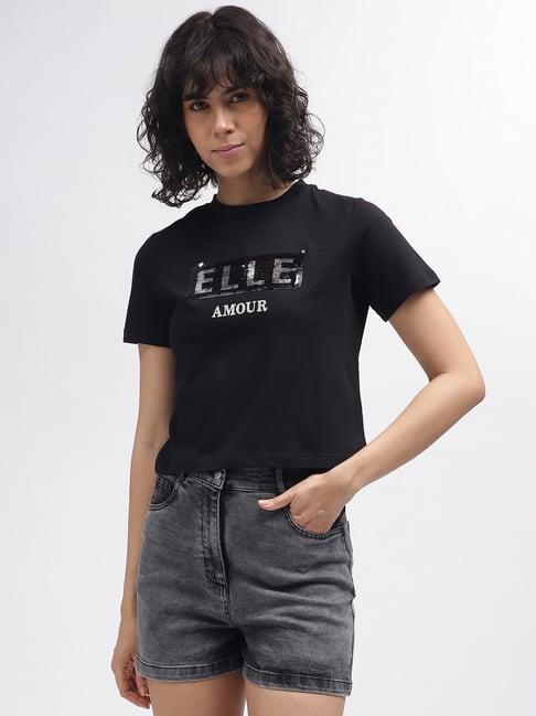 elle black cotton embellished crop t-shirt