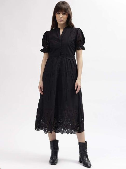 elle black cotton embroidered a-line dress