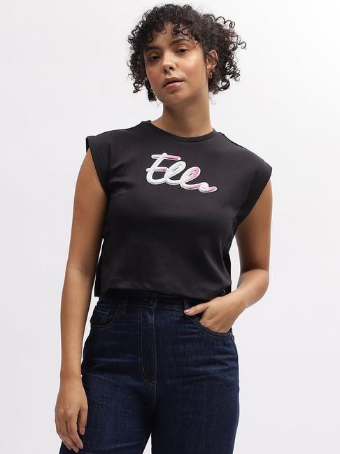 elle black cotton graphic print crop t-shirt