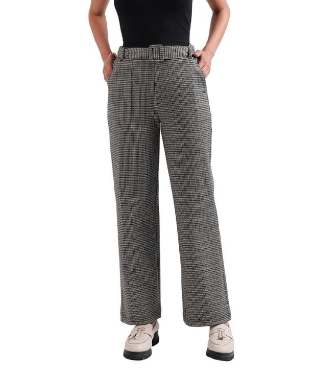 elle black fashion checked regular fit flared flat front trousers