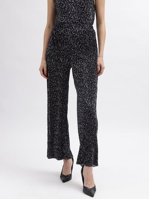 elle black printed flared fit high rise trousers