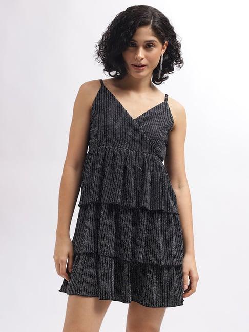 elle black striped fit & flare dress