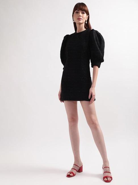 elle black textured a line dress