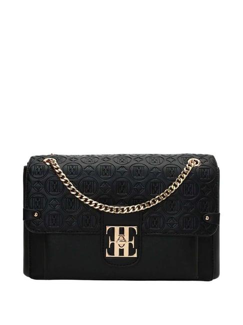 elle black textured small sling handbag