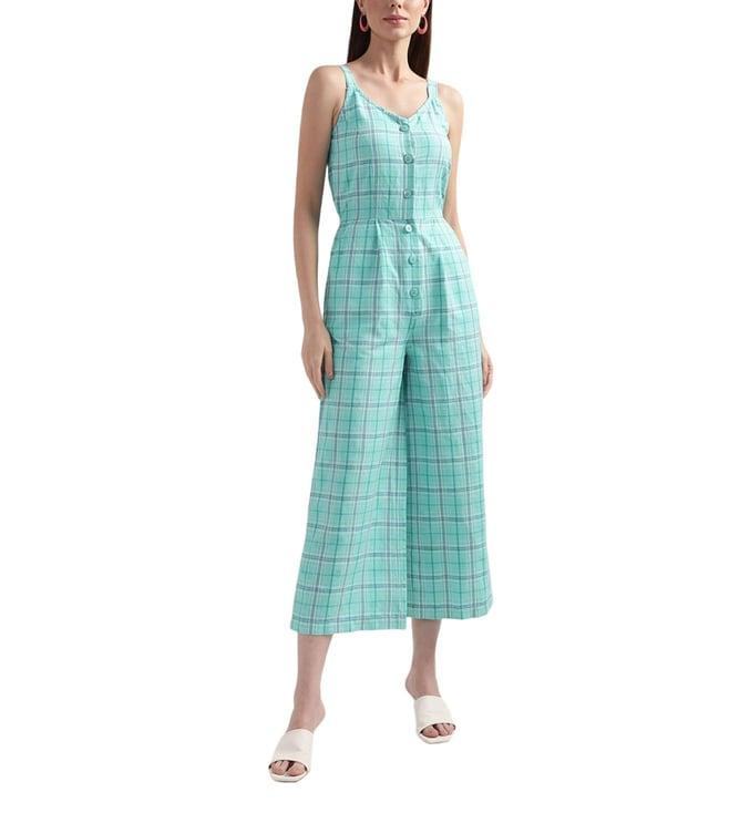 elle blue checked flare fit cropped jumpsuit