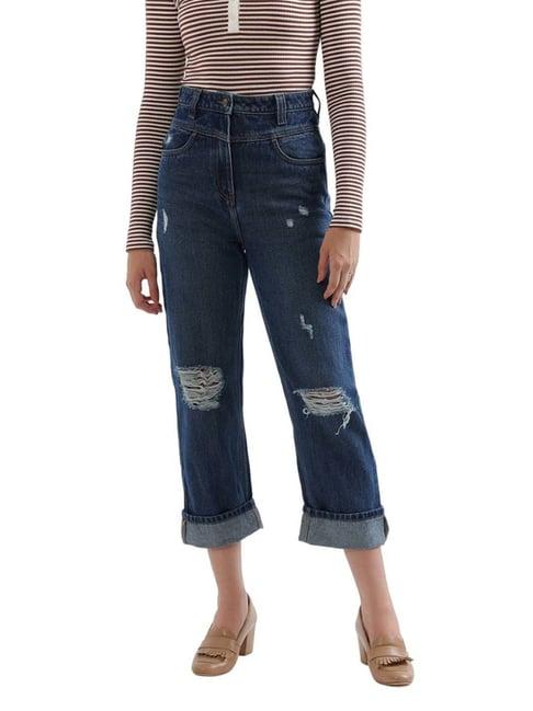 elle blue cotton distressed high rise jeans