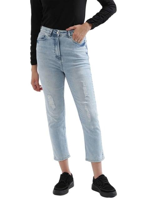 elle blue cotton distressed mid rise jeans