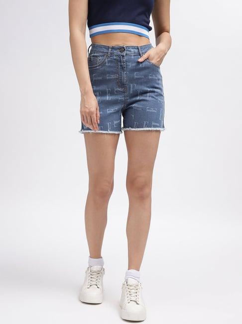 elle blue cotton graphic print shorts