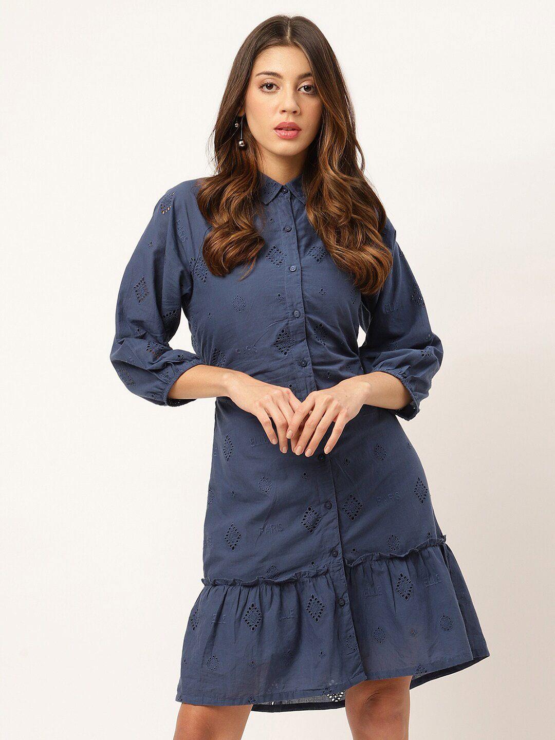 elle blue embroidered shirt collar cuffed sleeves  dress