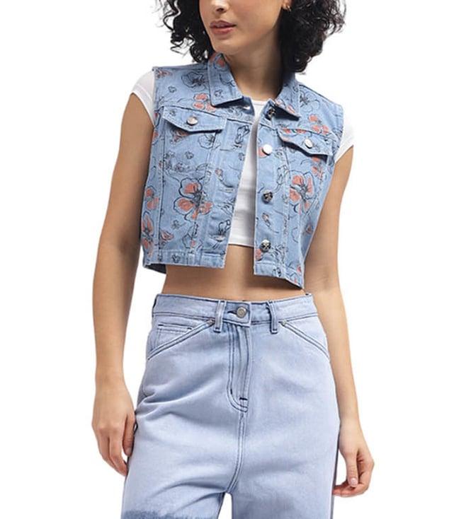 elle blue floral print fitted denim jacket