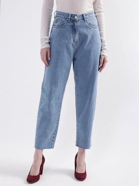 elle blue relaxed fit mid rise lightly washed jeans