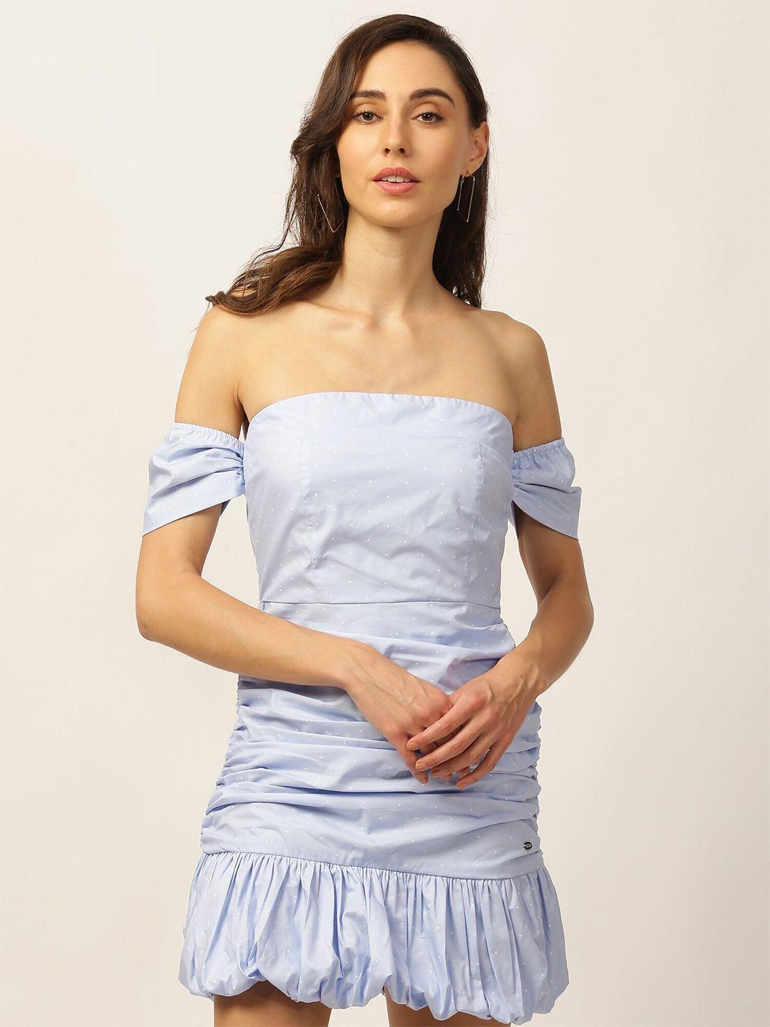 elle blue solid cotton off-shoulder bodycon dress