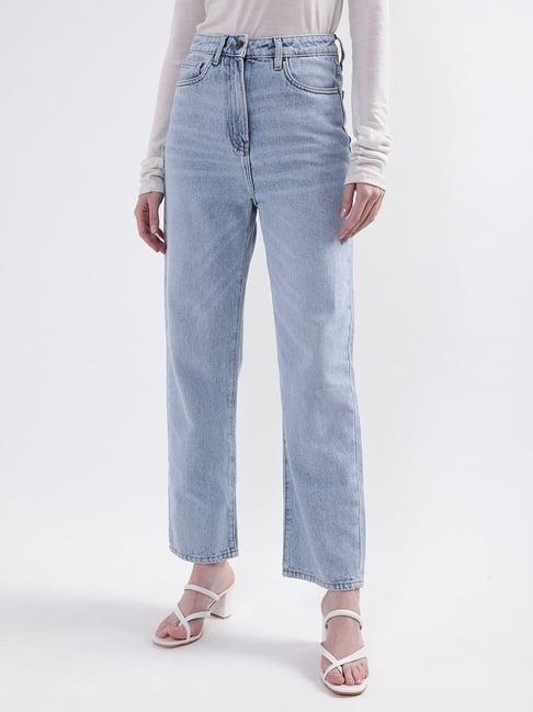 elle blue straight fit mid rise lightly washed jeans