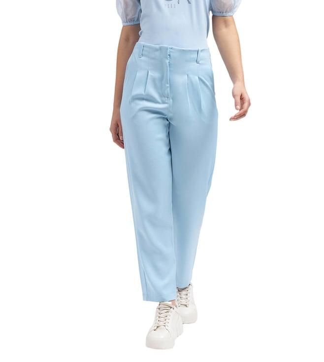 elle blue straight fit pleated trousers