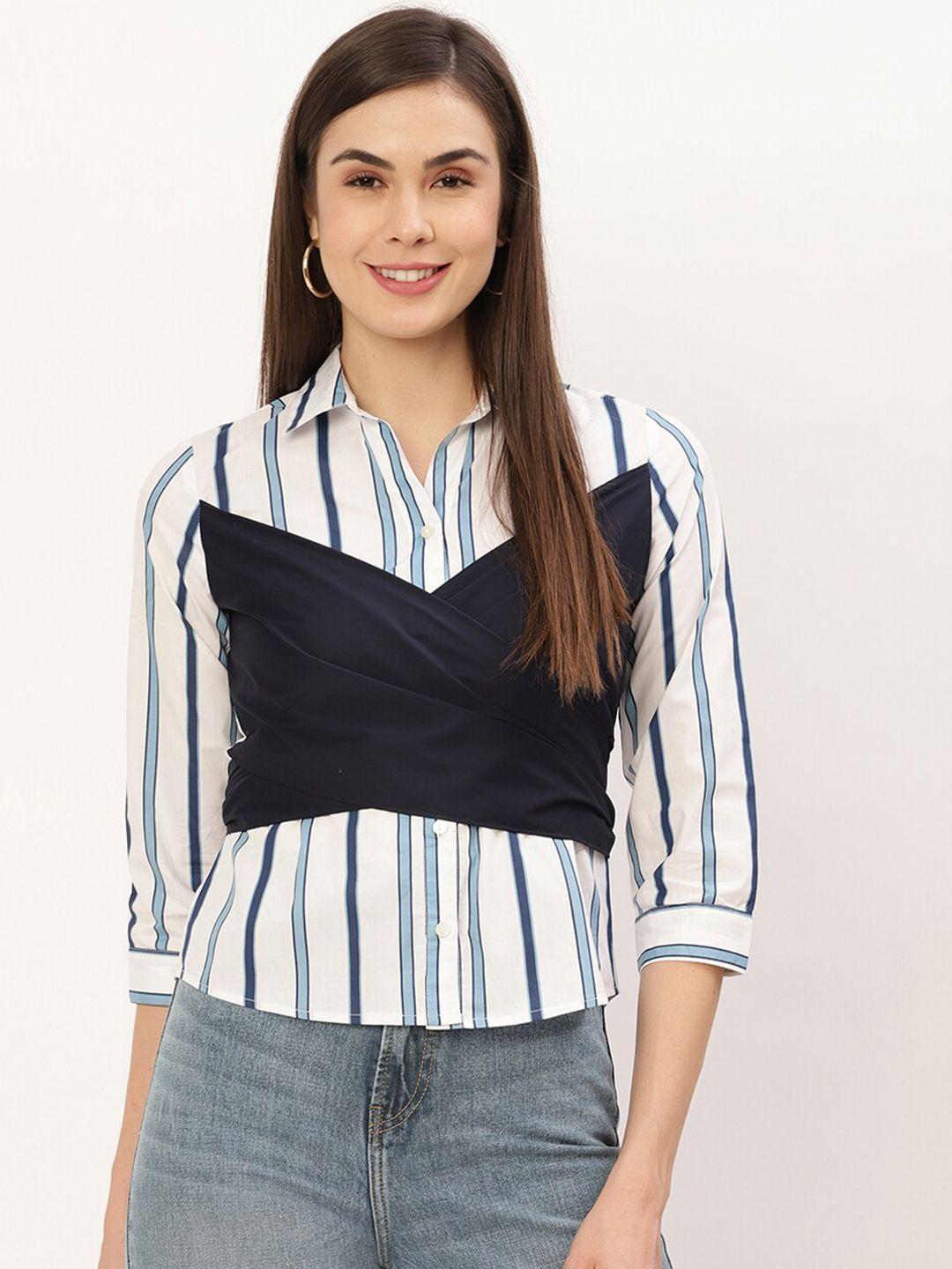 elle blue women white and blue  colourblocked shirt style top