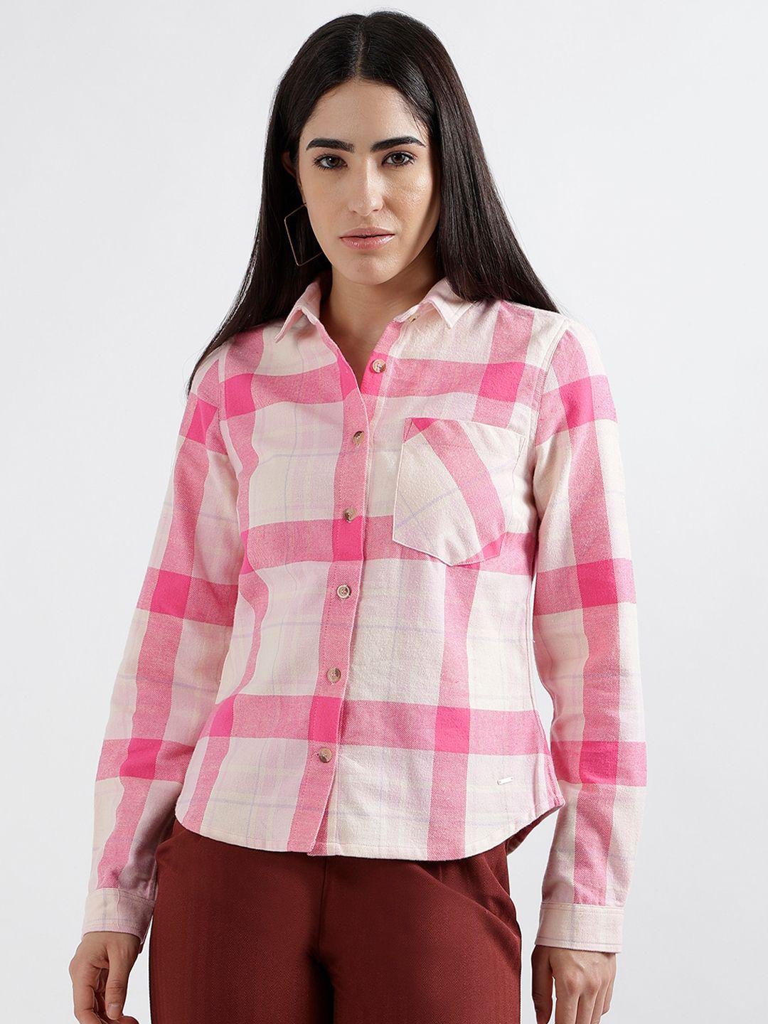 elle boxy fit checked spread collar cotton casual shirt