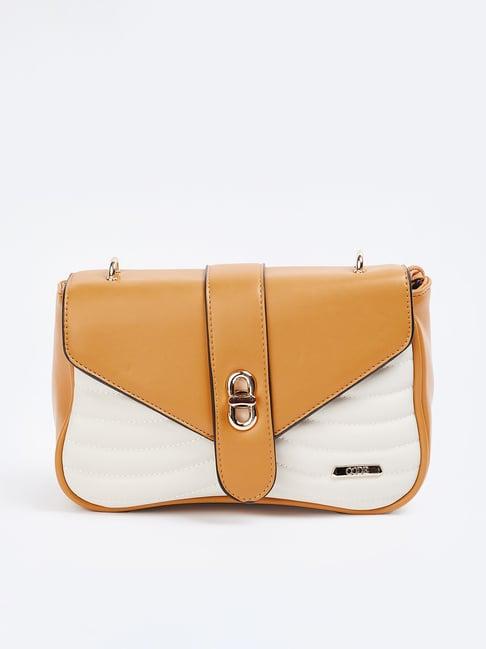 elle brown & white textured sling handbag