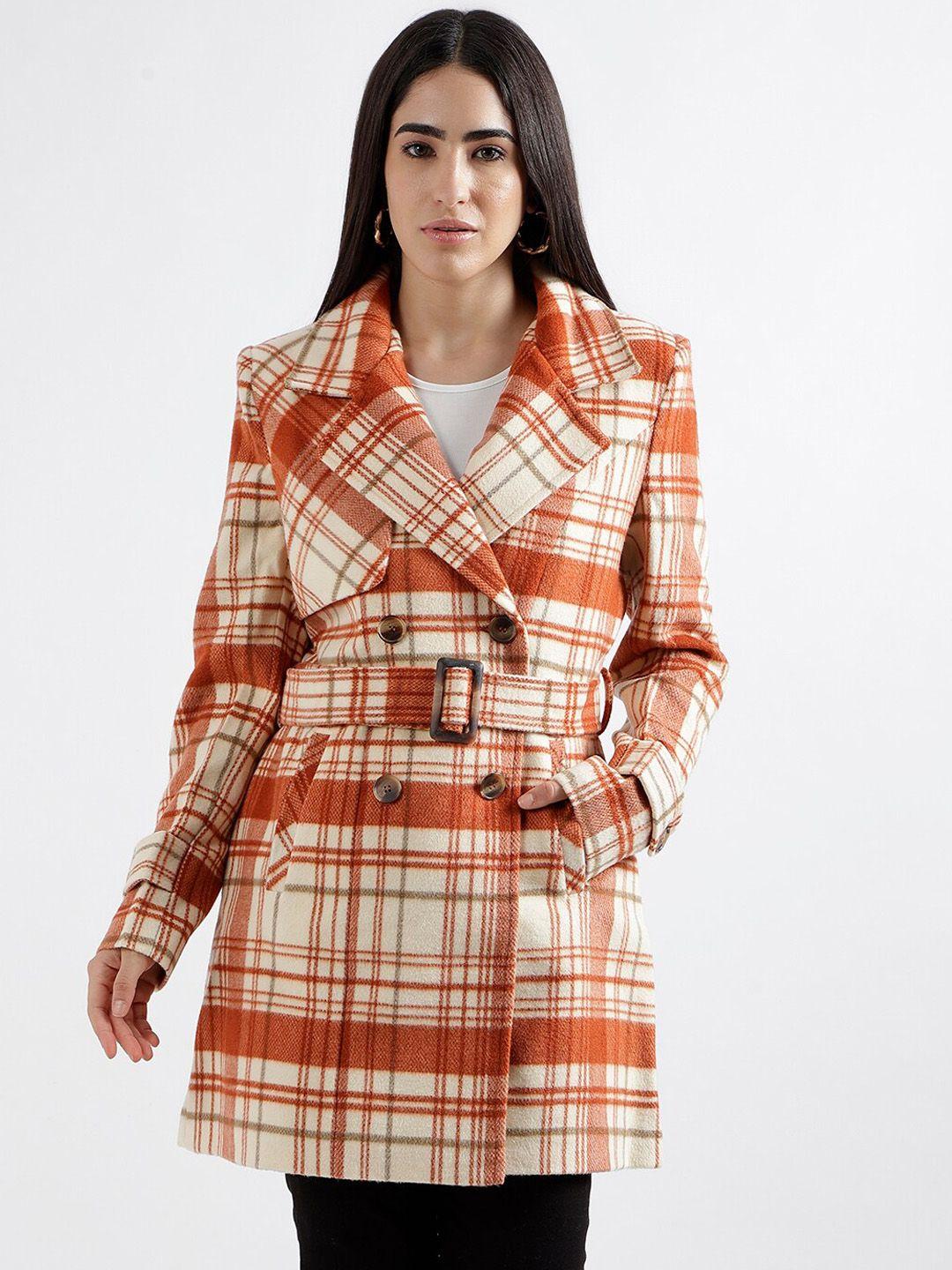 elle checked notched lapel collar double-breasted hip length overcoat