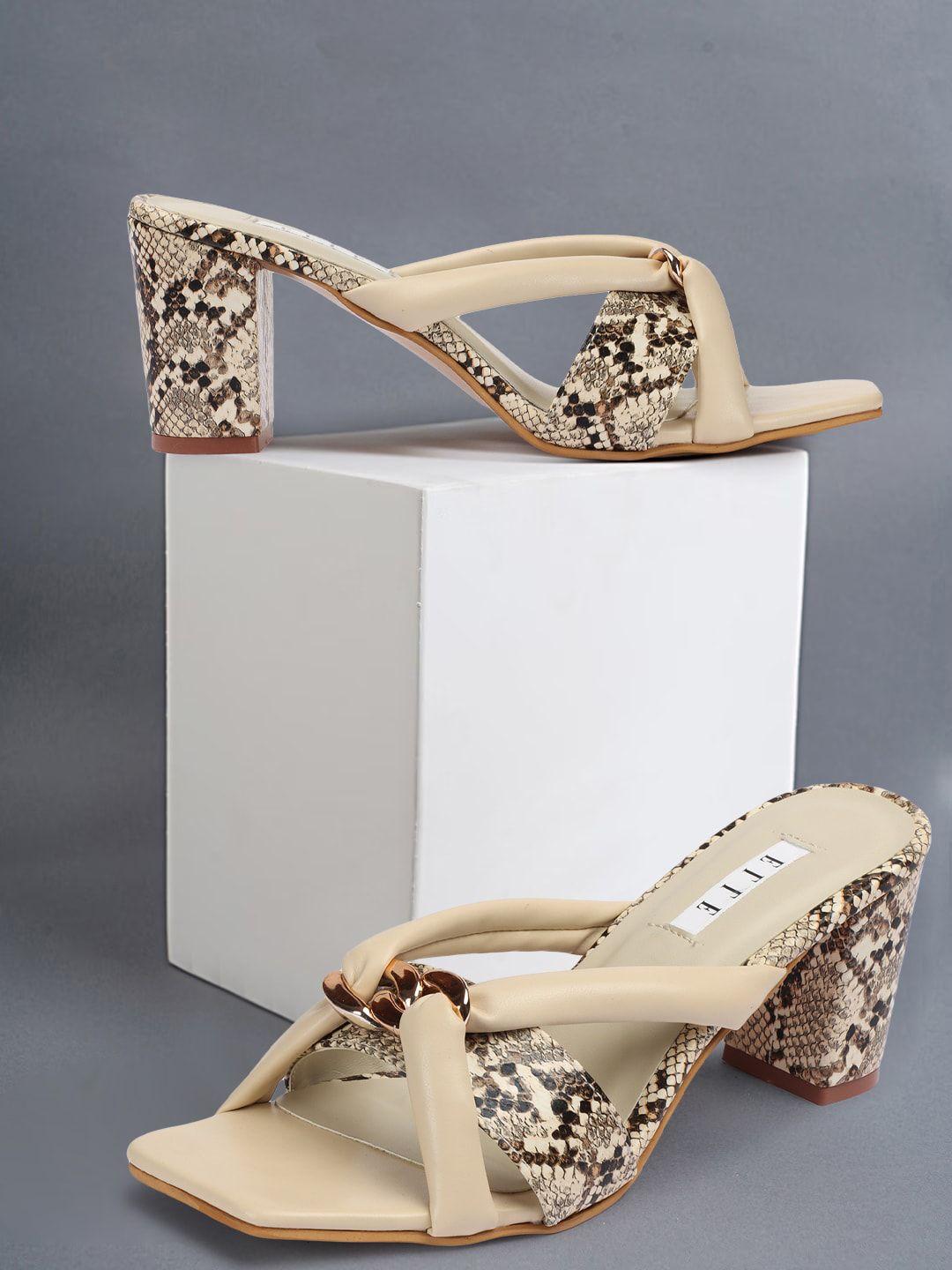 elle cream-coloured printed open toe block heels